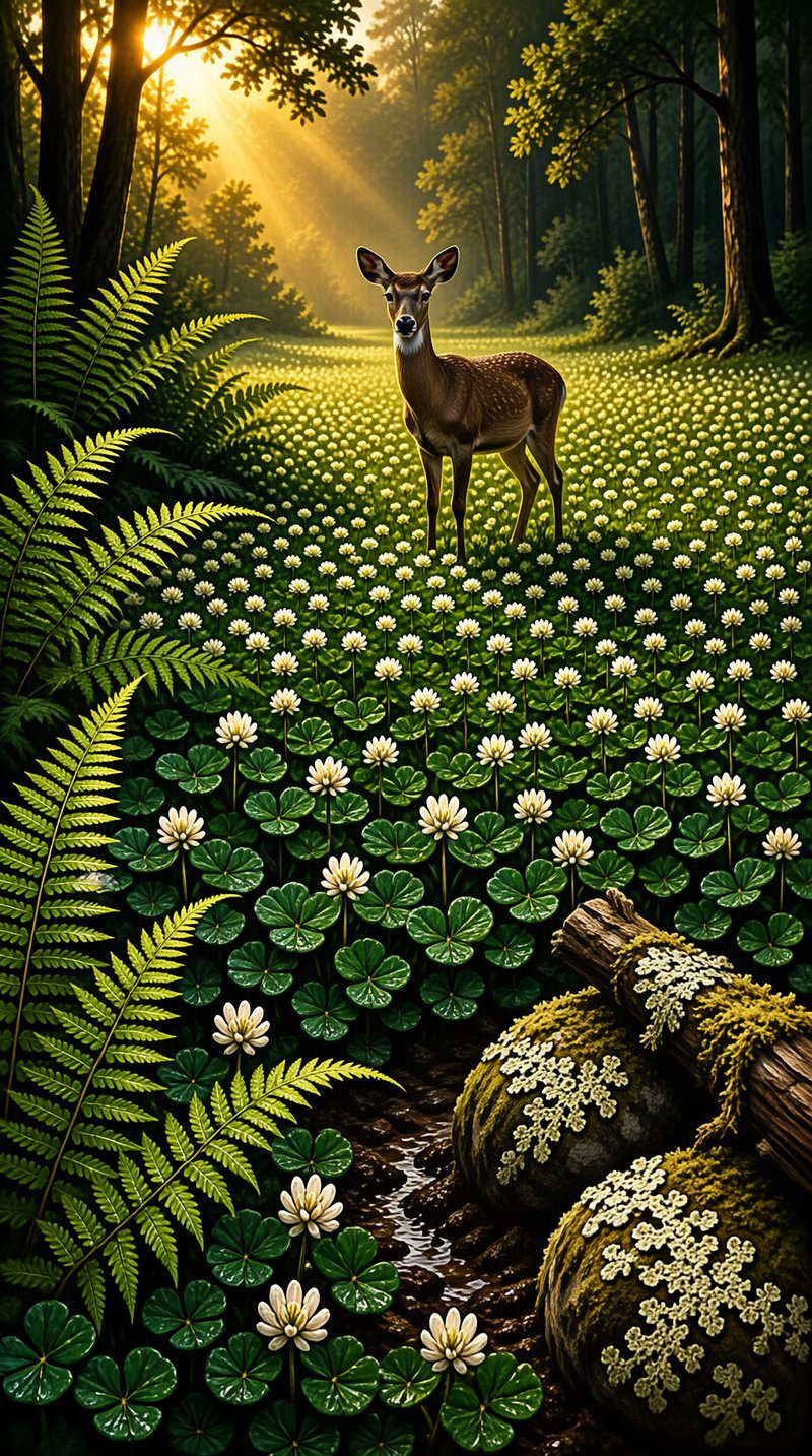 A single deer pauses among white clover blossoms as golden sunbeams stream through a lush green forest.