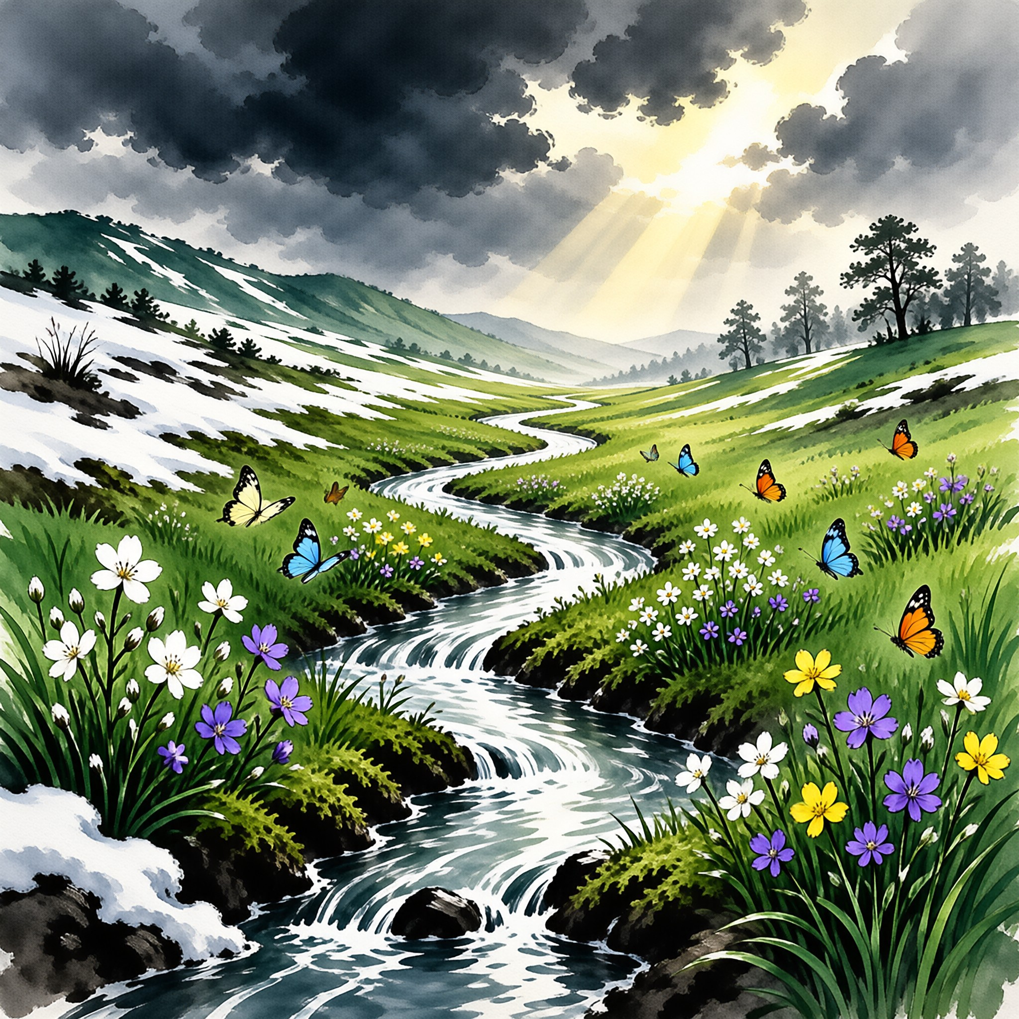 River winds through green valley with melting snow patches as butterflies dance among wildflowers under bright sunbeams.