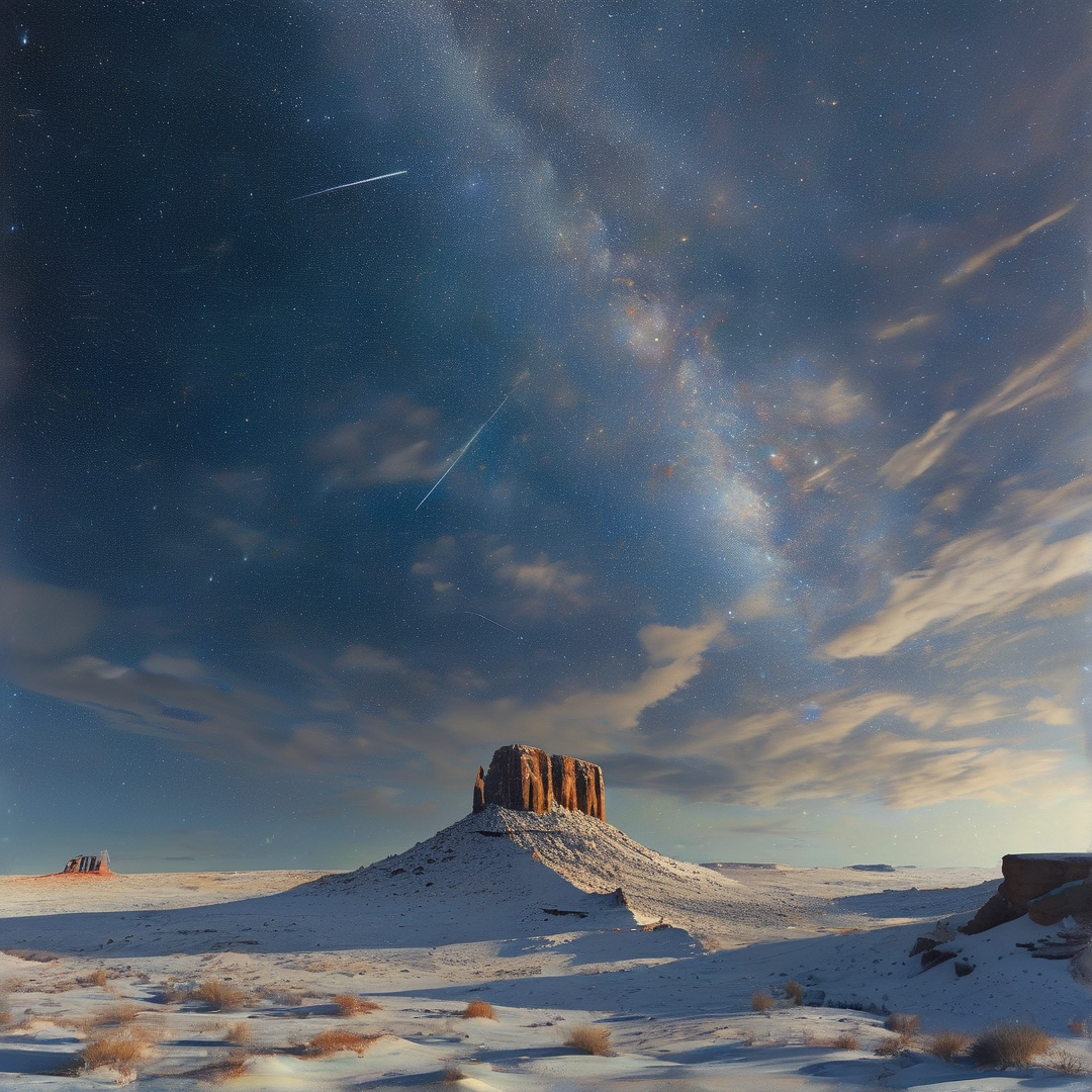 A solitary rock butte rises from a snowy desert plain beneath a deep blue star filled sky with meteor streaks.