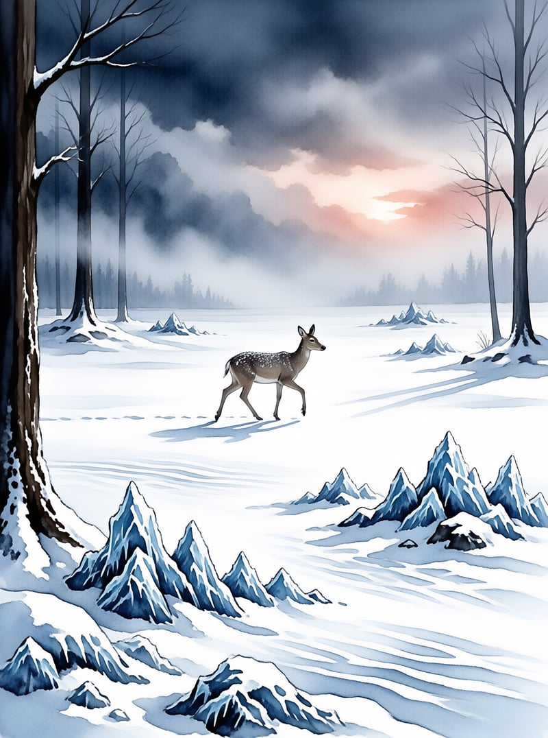 A spotted deer strides across a snowfield painted in soft watercolor with bare trees and icy blue peaks