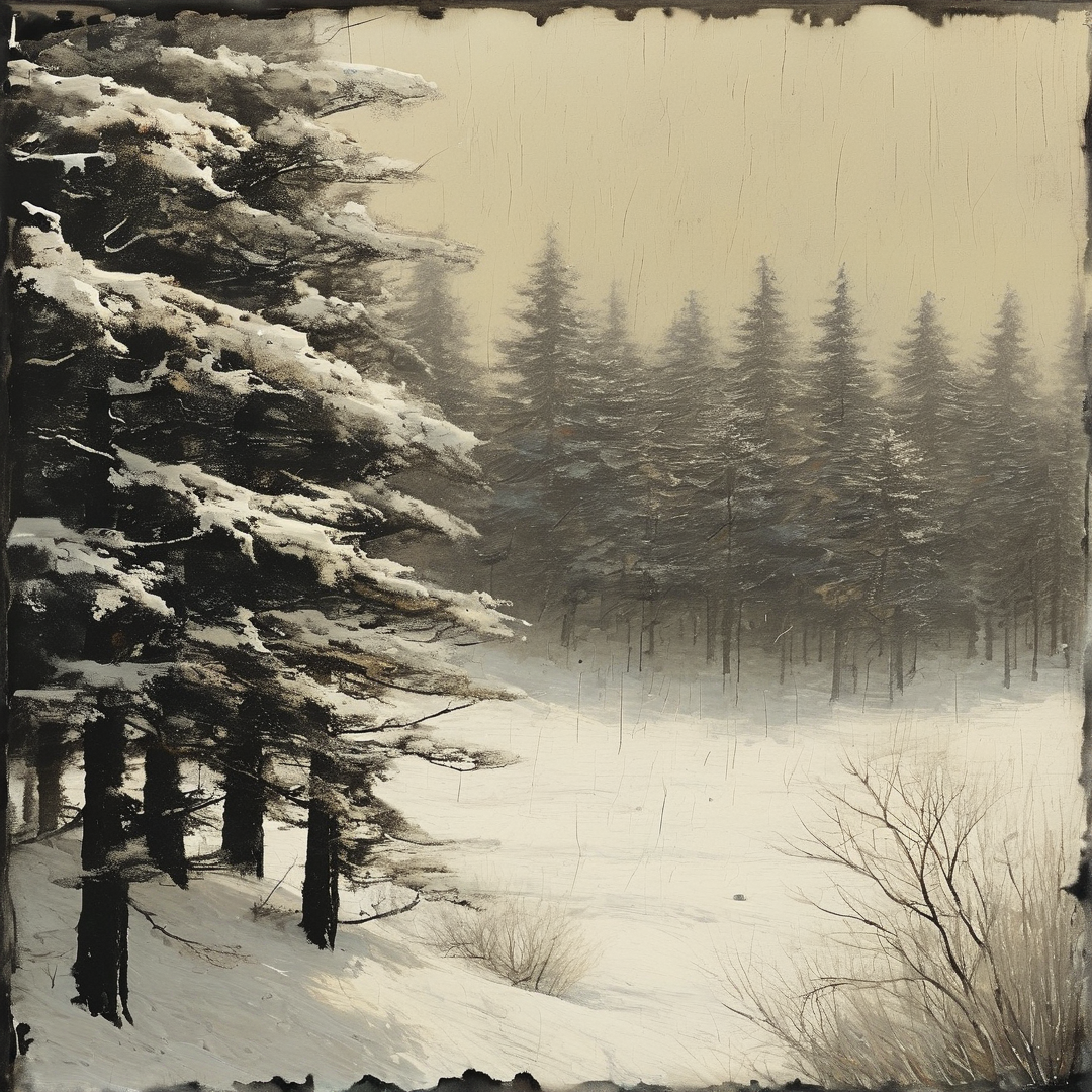 Snow laden evergreen trees dominate the left side of a misty winter landscape featuring a sepia toned background.