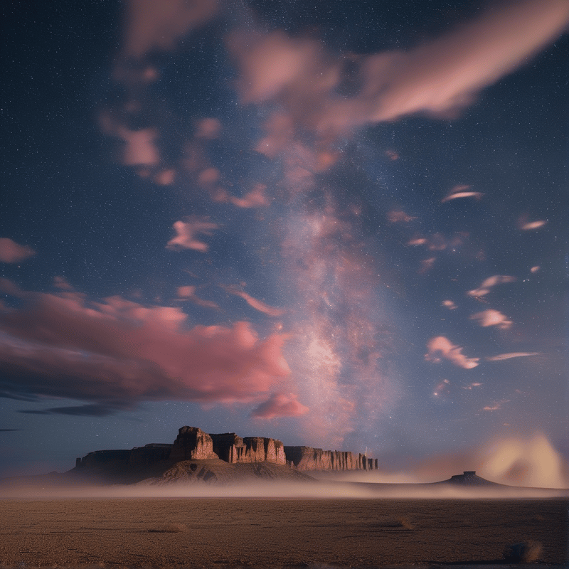 Dark mesa silhouette rises against a starry sky featuring the milky way and pink clouds above fog.