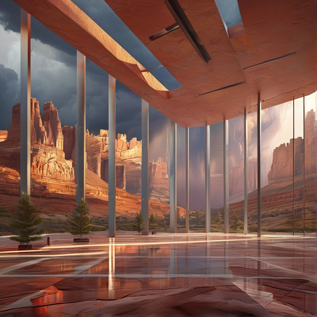 A spacious interior with polished floors looks out through large windows onto red sandstone formations during a storm.