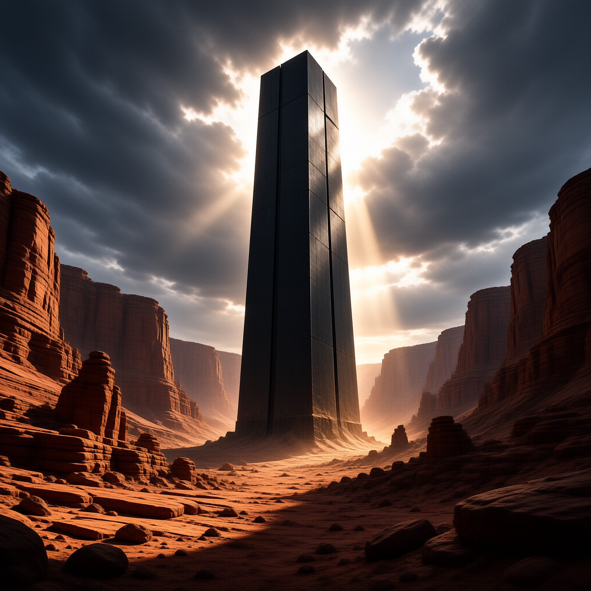 A tall dark rectangular structure stands in a red rocky desert canyon illuminated by sunlight breaking through clouds.