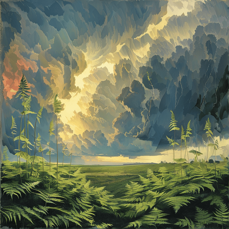 Tall ferns rise from a green moor as bright golden light splits through heavy grey storm clouds above the flat distant land.