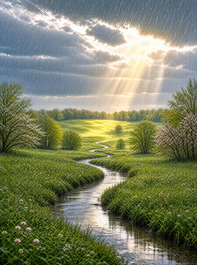 Rainy Landscape with Sunbeams