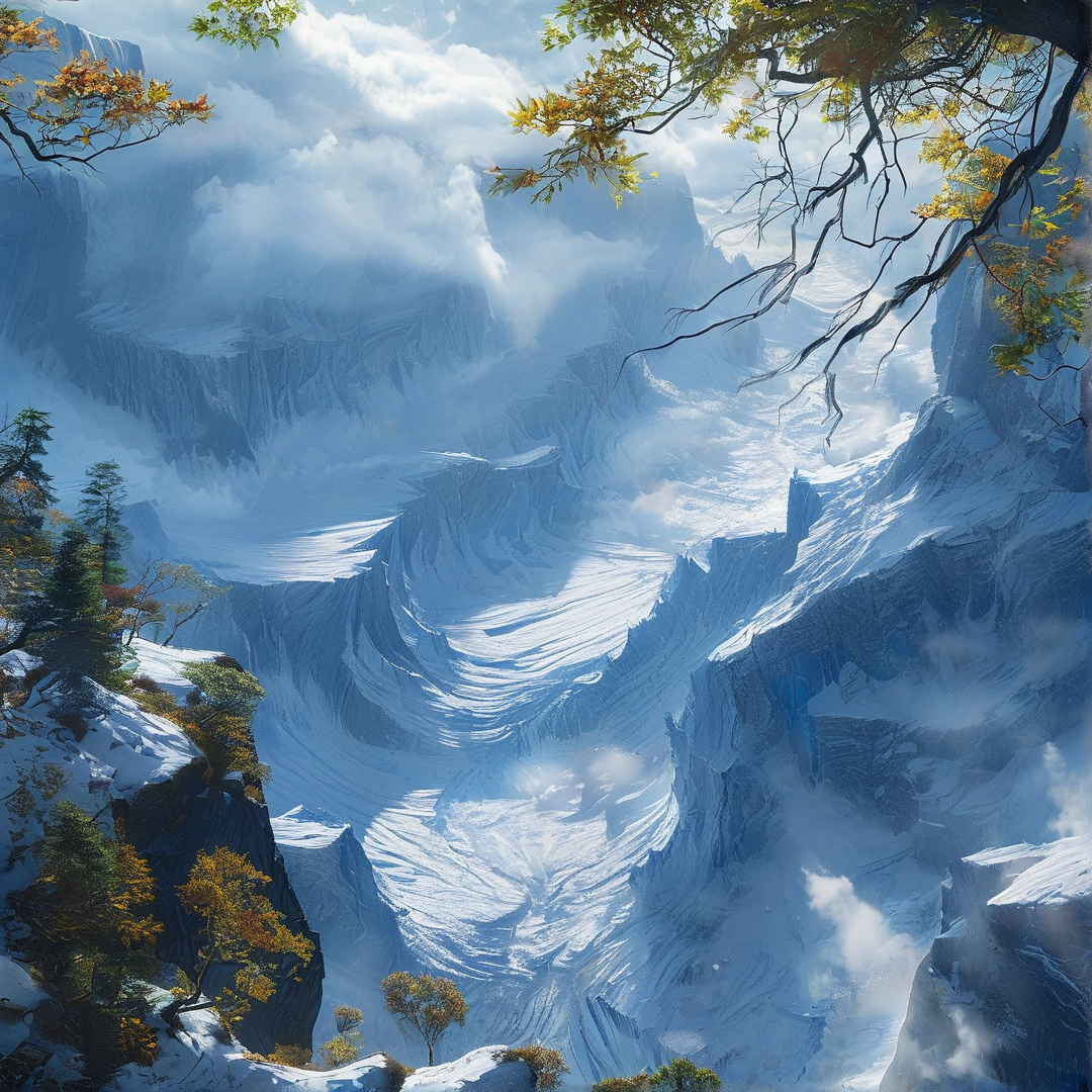 A vast glacier winds through a snowy mountain valley framed by tree branches and bright sunlight illuminating the ice.
