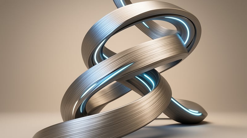 Twisted brushed metal ribbon spirals upward with internal bright blue light strips against a neutral beige background.