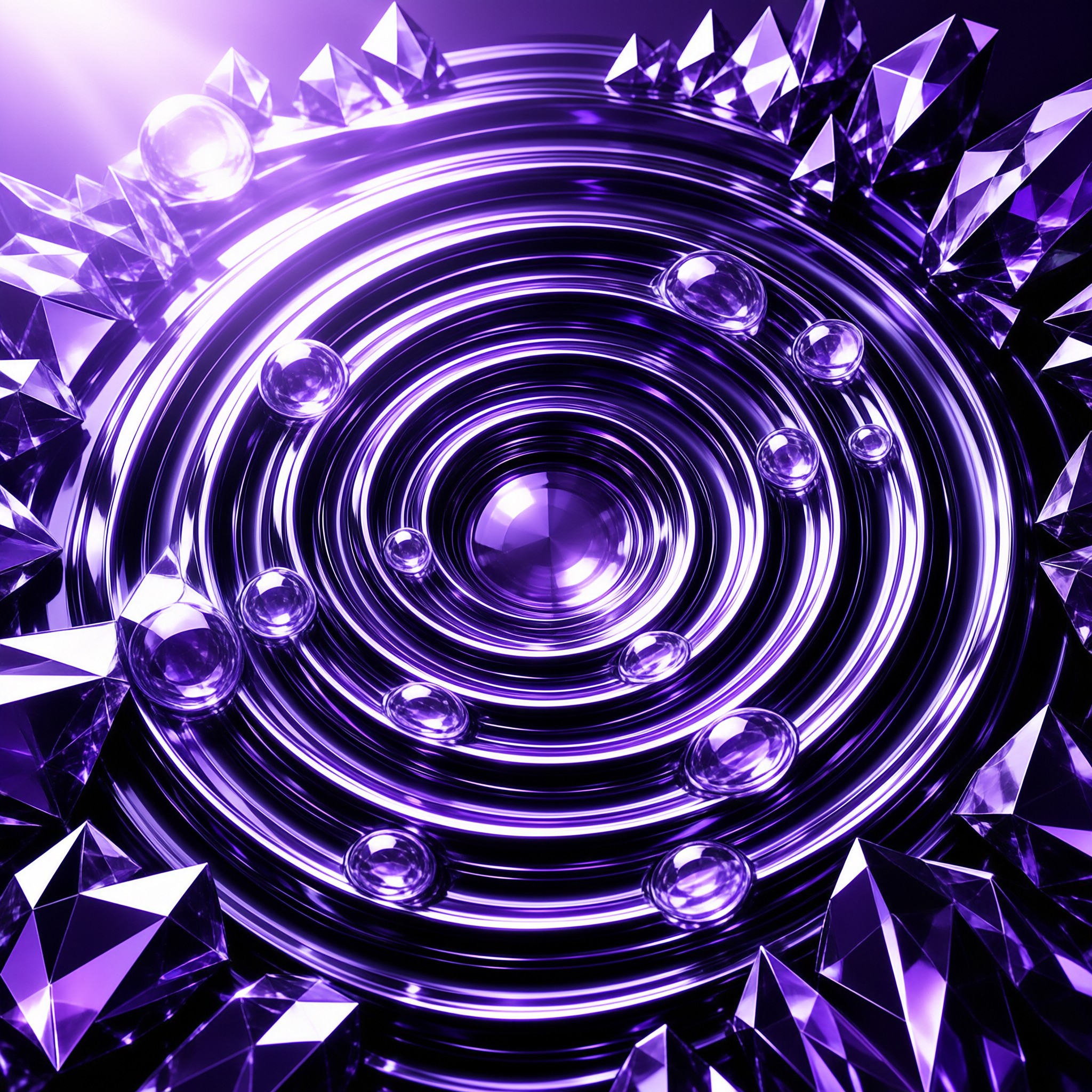 A futuristic purple metallic structure features concentric rings, floating spheres, and sharp crystal spikes surrounding a dark center.