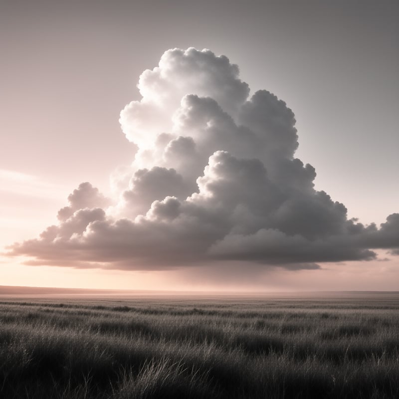 Heavy towering thunderhead looms above an endless dry grassland in soft warm evening light with distant rain drifting down