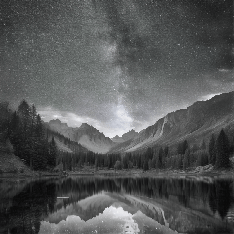 Black and white photo of a lake reflecting mountains and a starry sky with the Milky Way above a forested valley.