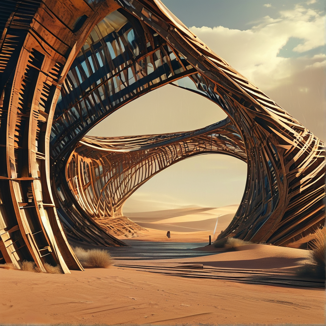 A large curved structure made of ribbed wood frames a view of sand dunes under a bright sky.