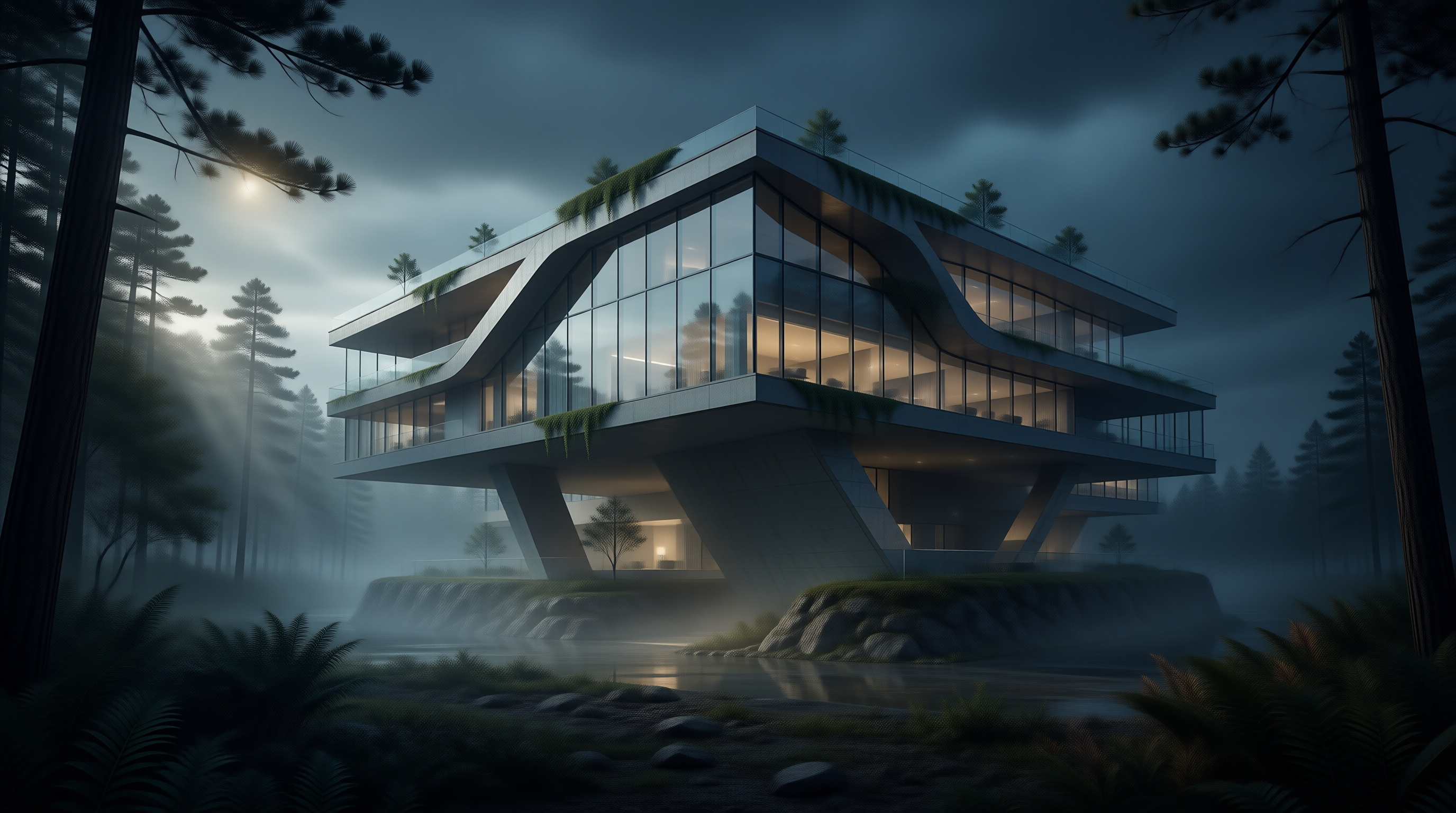 Modern Glass House in Forest at Night