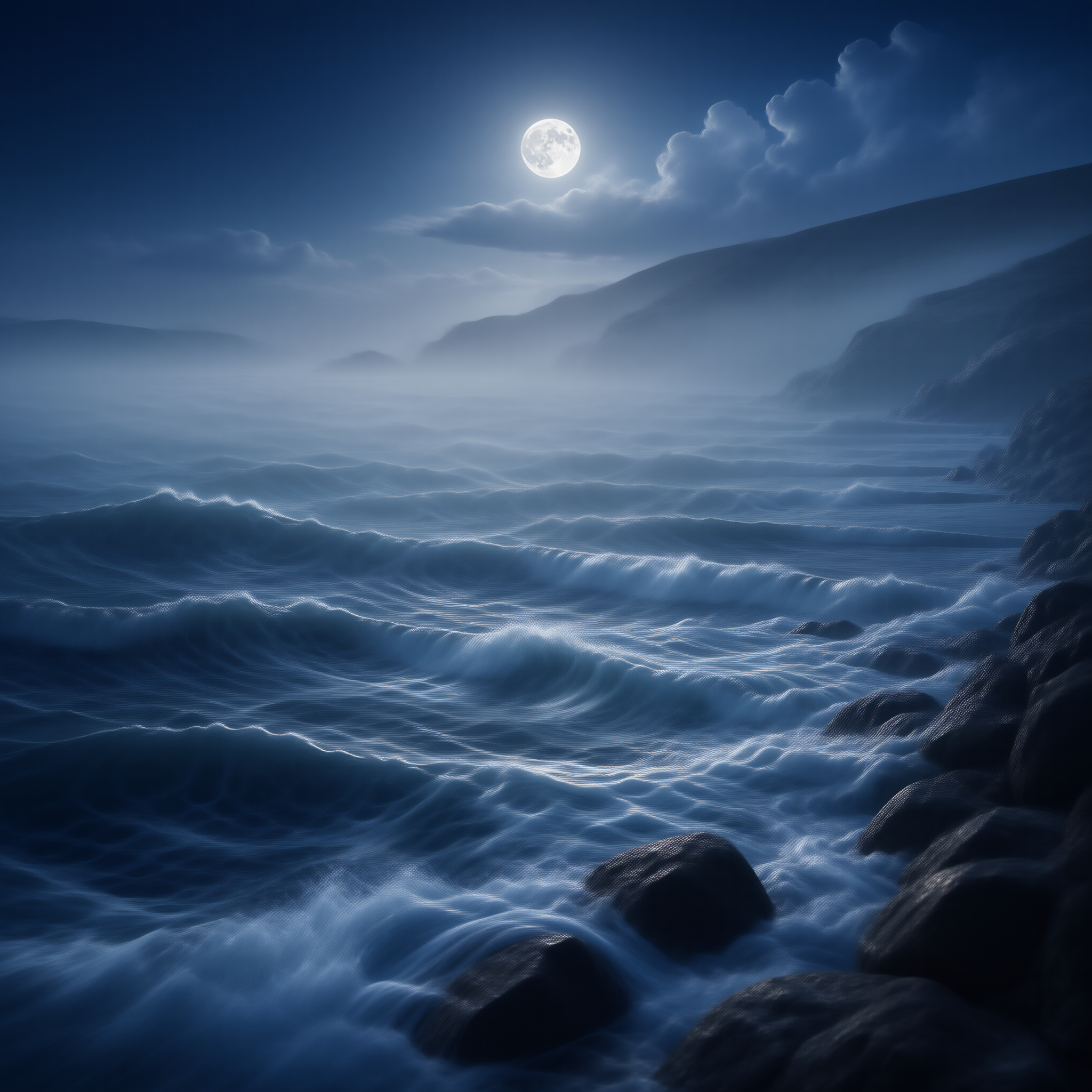 Moonlit Misty Rocky Coast