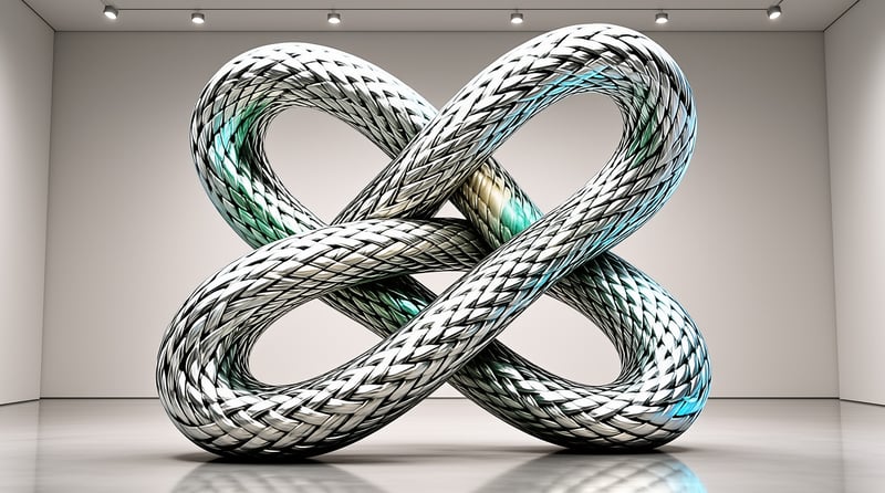 A large twisted silver rope sculpture forms an infinity loop inside a minimalist white gallery room.