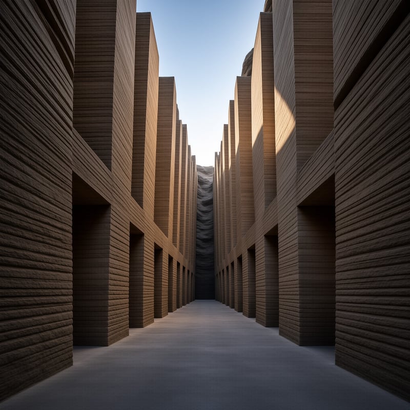 A symmetrical corridor of textured vertical structures leads the eye toward the open sky.