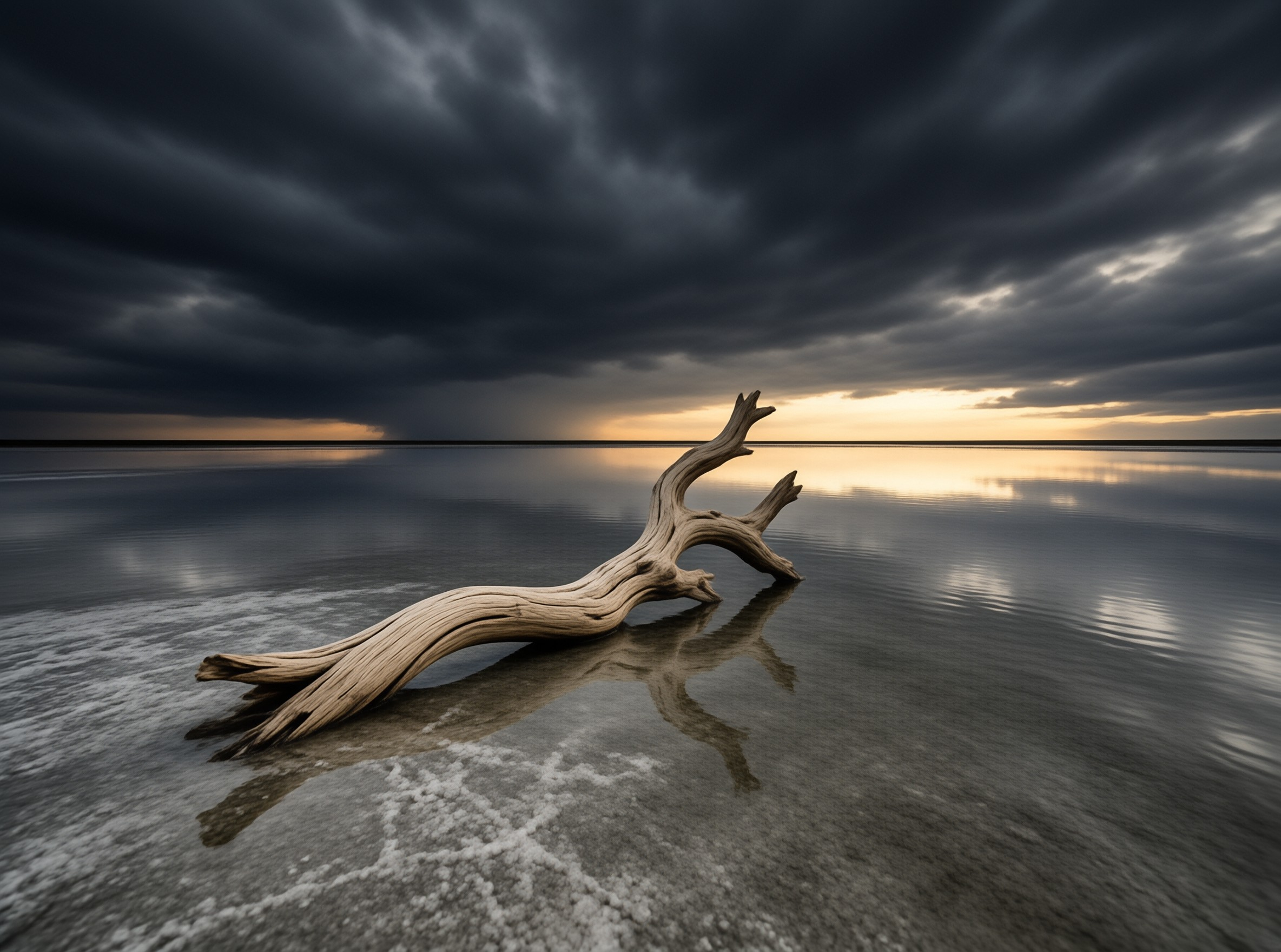 Gnarled bleached driftwood rests on a reflective salt flat beneath a dramatic dark sky with a golden horizon light.
