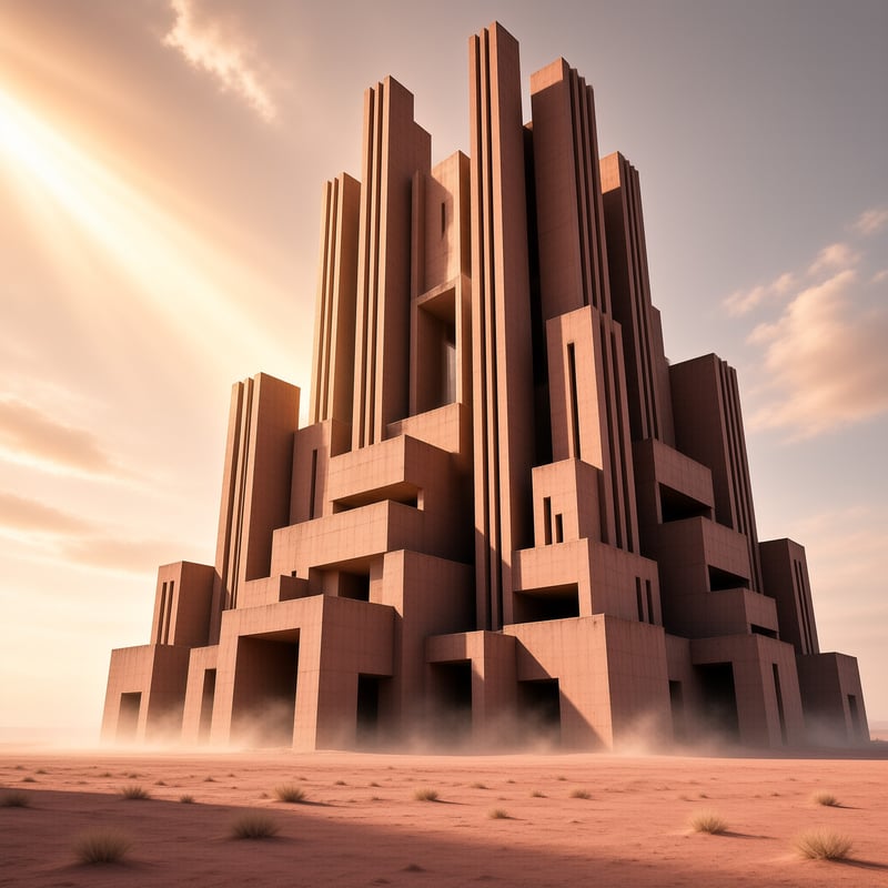 A towering sandstone monolith with stepped rectangular blocks rises from a windswept desert floor under warm dusk light.