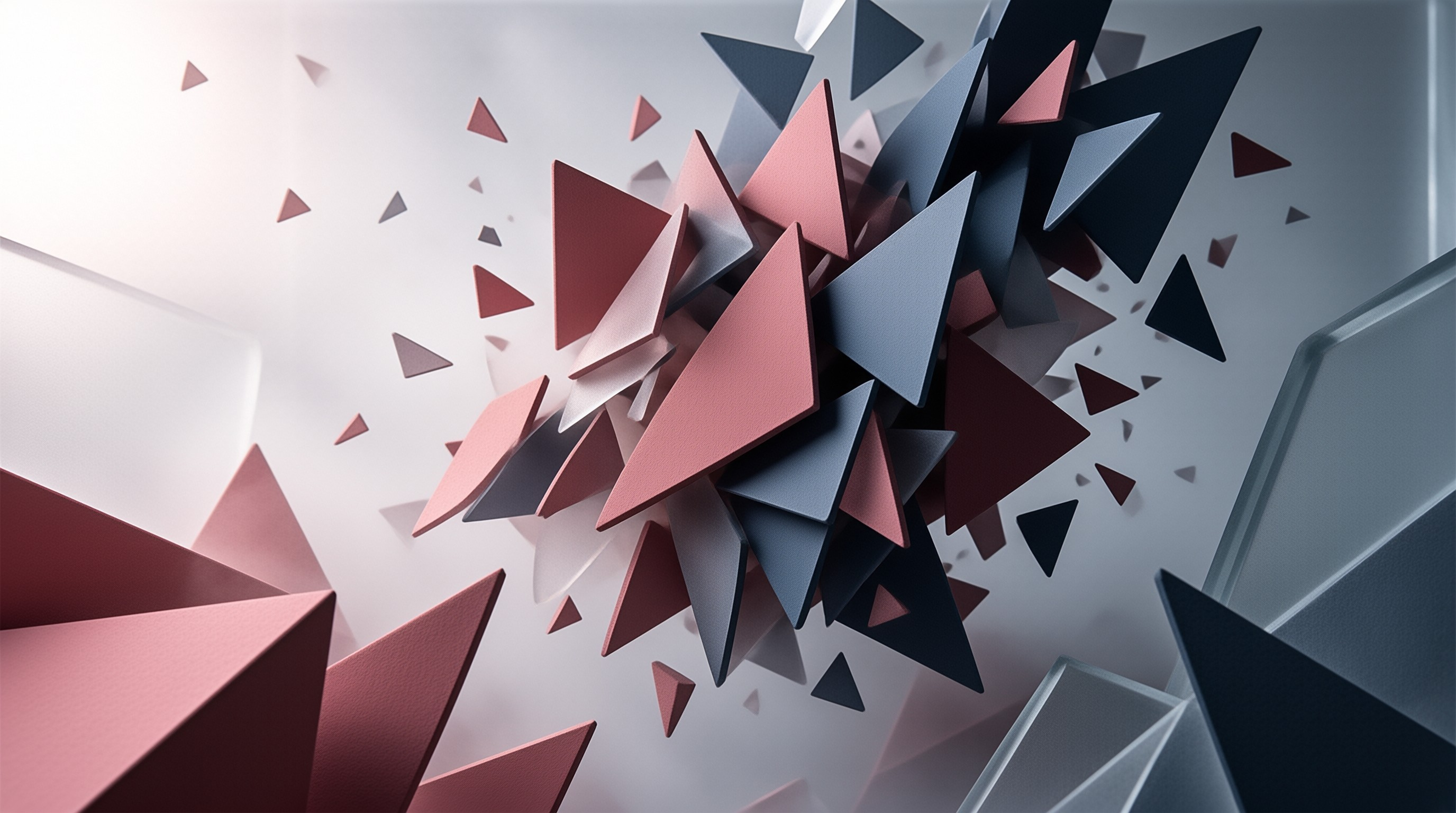 A burst of pink and blue triangular fragments radiating outward against a bright blurred background.
