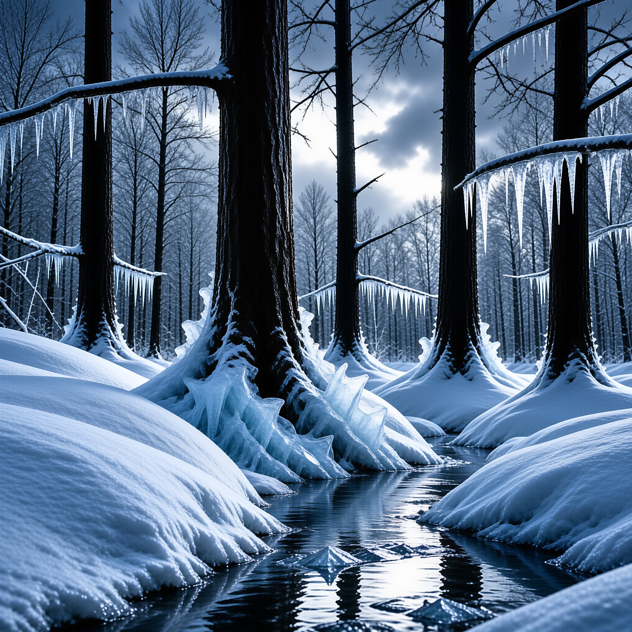 Long icicles drape from snow laden branches above a dark trickle of water winding through a blue winter wood.