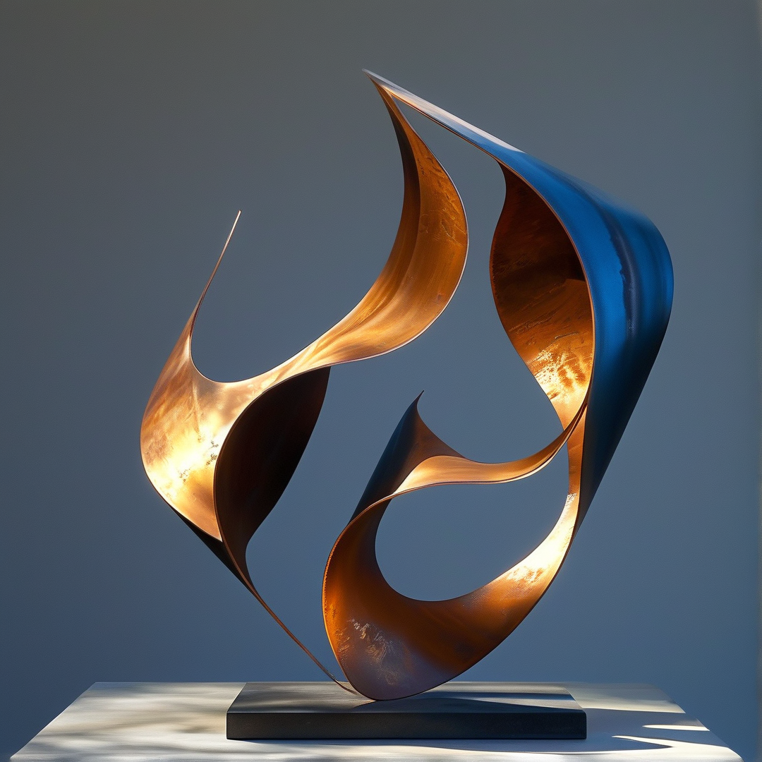 A shiny bronze abstract art piece stands on a dark rectangular base against a plain blue-grey wall with directional lighting.
