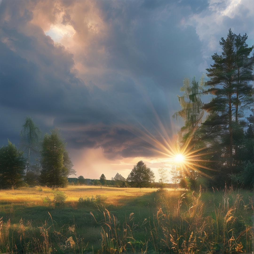 Sunset Over a Green Field