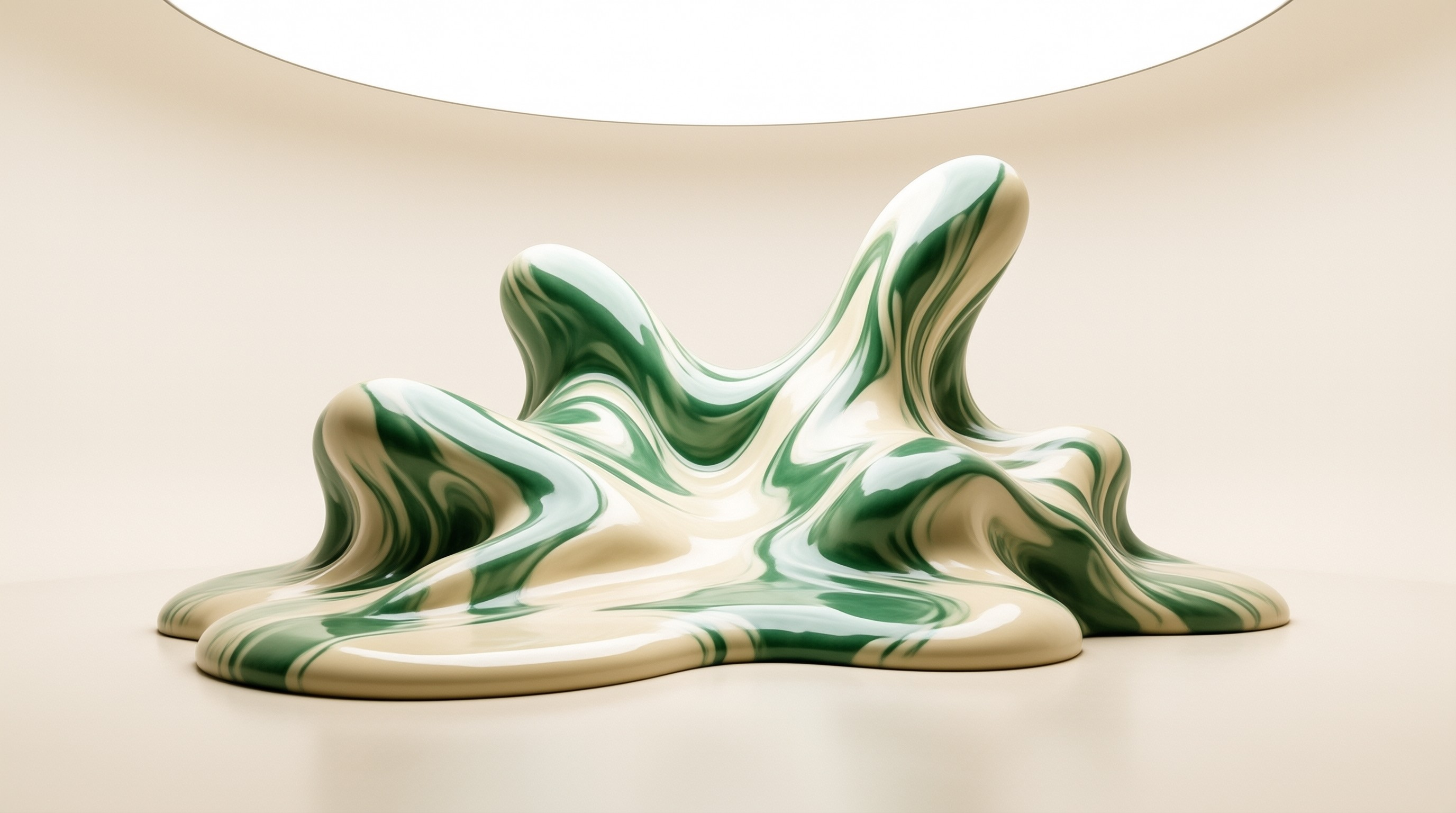 A smooth glossy sculpture with green and cream swirls sitting on a beige surface.