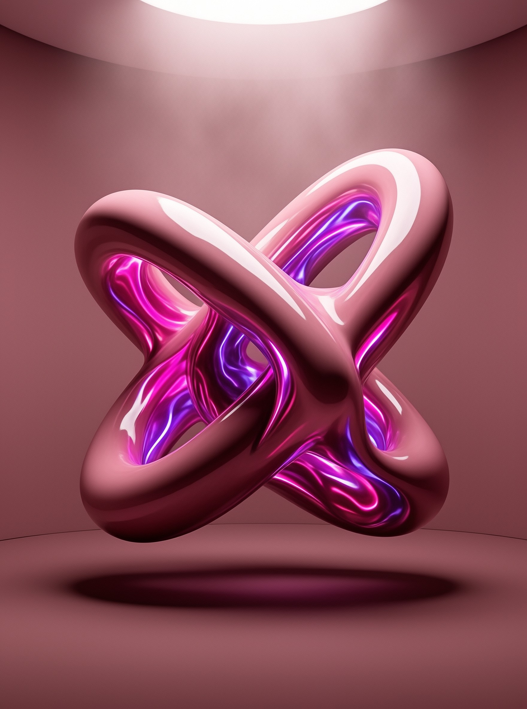 A twisted metallic form with magenta reflections hovers above a seamless pink surface under diffuse lighting.