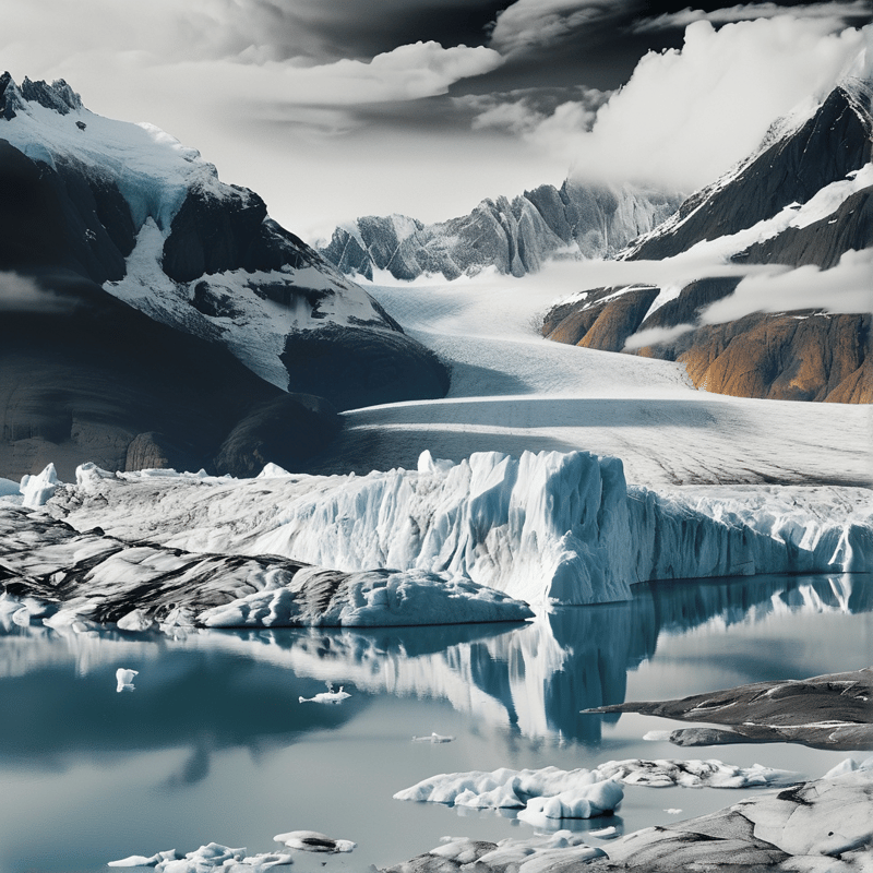 A massive ice shelf extends into a calm lake surrounded by snowy mountains under a cloudy sky.