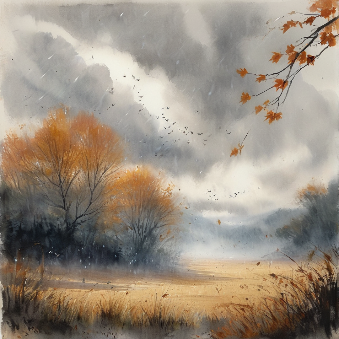 A flock of small birds flies across a cloudy sky above trees with orange leaves and a grassy field.