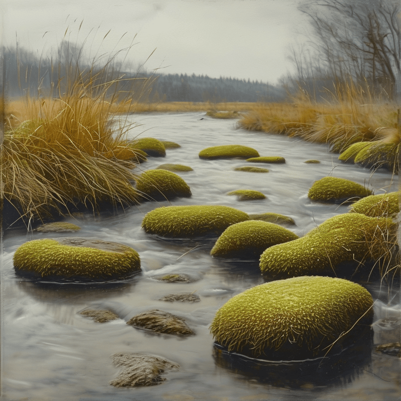 A slow moving stream flows through a wetland area where large rocks are completely covered in vivid green moss, surrounded by tall yellow grasses under a soft overcast sky that creates a calm and muted atmosphere throughout the landscape.