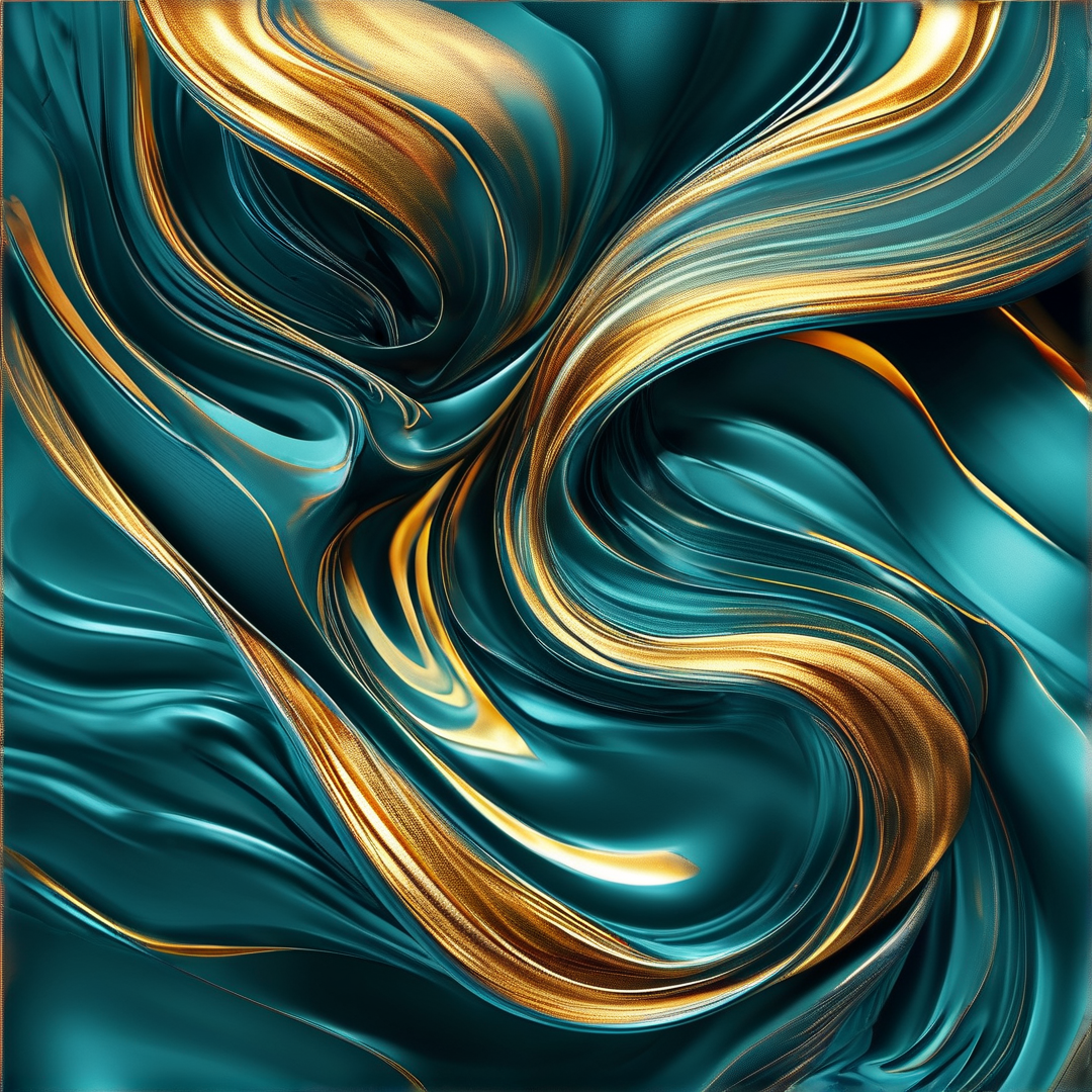 Fluid streams of amber and turquoise blend in a rippling, dynamic composition of metallic sheen and flowing curves.
