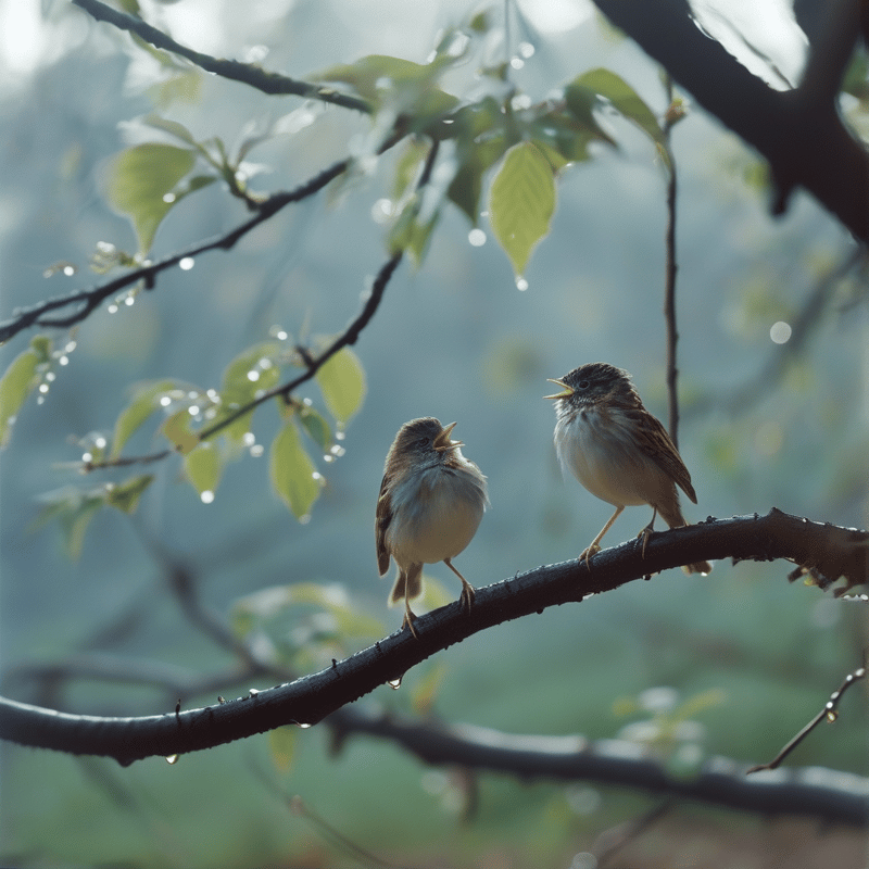 Two small brown birds open their beaks while perched on a dark wet branch surrounded by green leaves and morning mist.