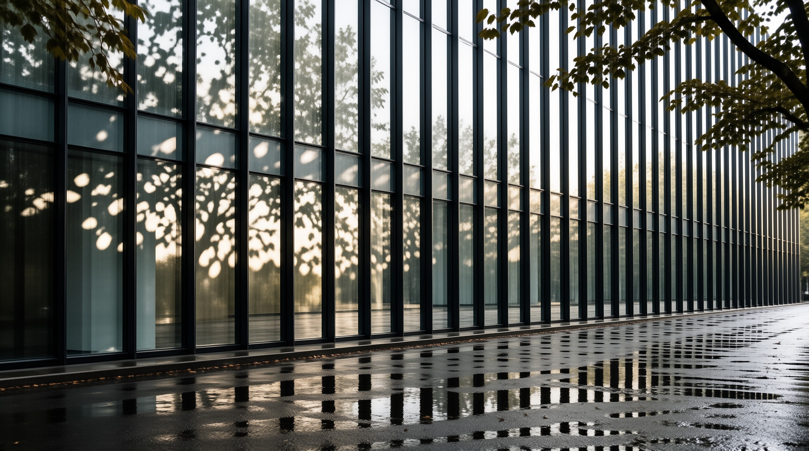A modern building facade features tall glass windows reflecting wet pavement and dappled sunlight from nearby trees.
