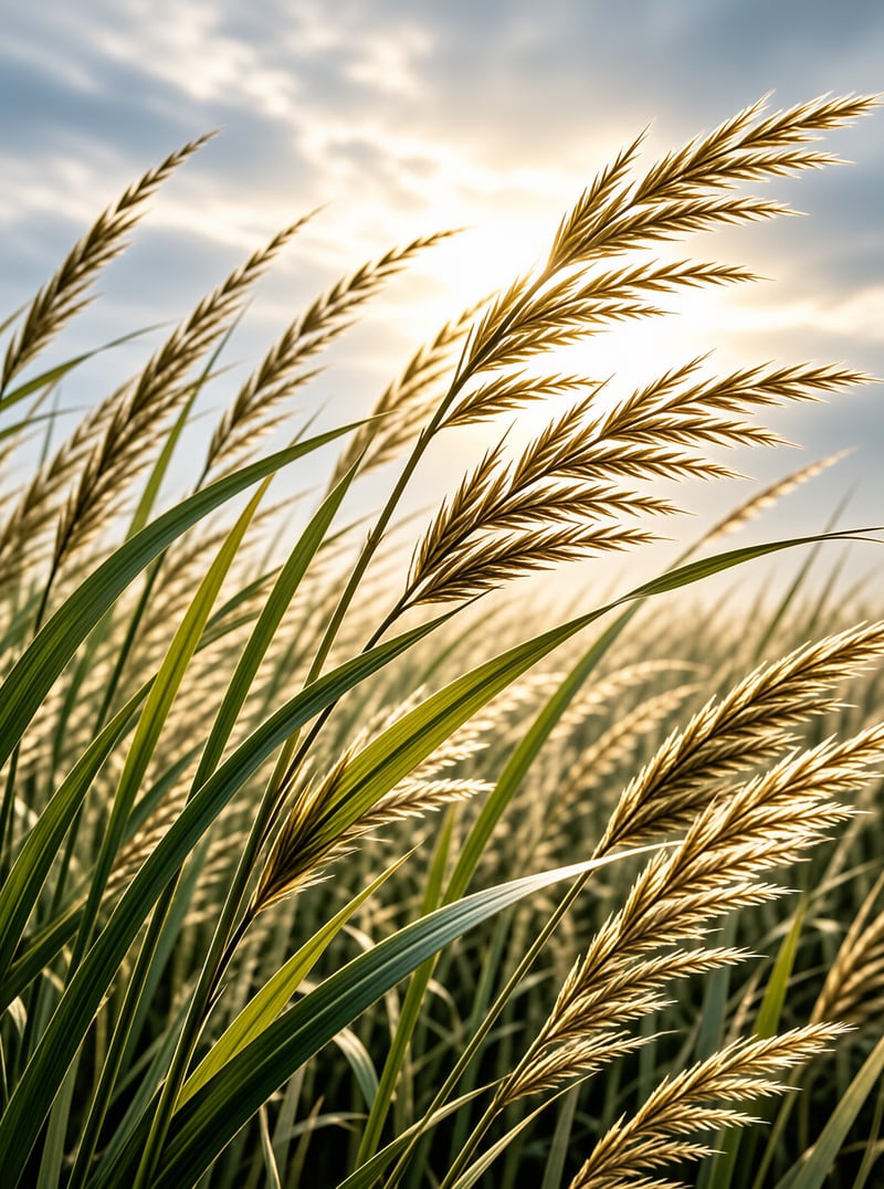 Tall green reeds with feathery golden seed heads reach upward against a bright sky with soft clouds during warm sunset light