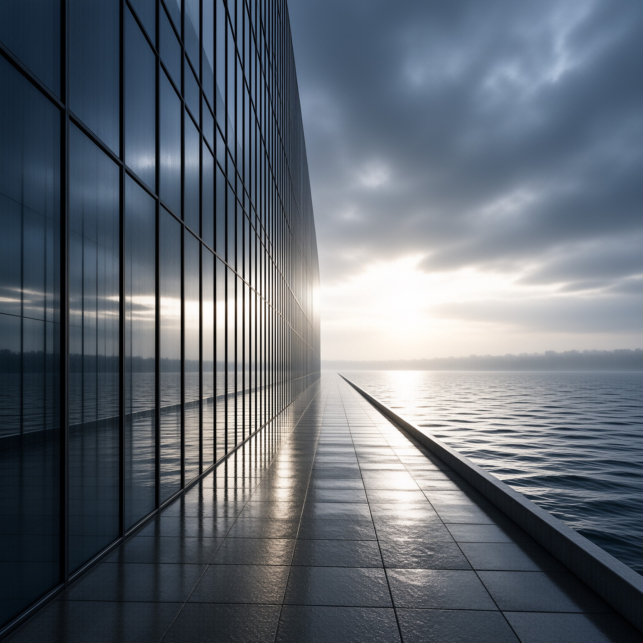A tall glass building stands next to a paved walkway leading toward the ocean horizon under a cloudy sky.