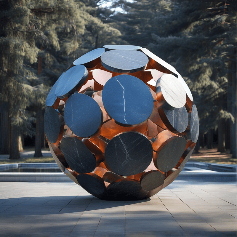 A large sphere sculpture composed of dark discs and shiny copper frames rests on a paved plaza surrounded by trees.