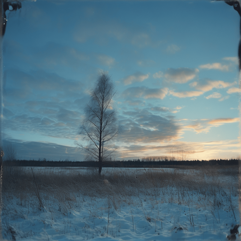A single leafless tree rises from a frost covered field beneath a soft blue dusk sky with faint pink clouds