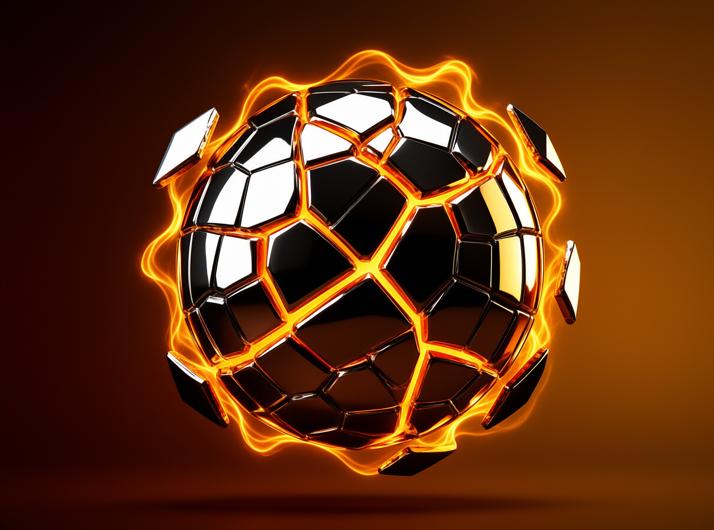 A futuristic metallic soccer ball is surrounded by swirling orange fire against a warm gradient background.