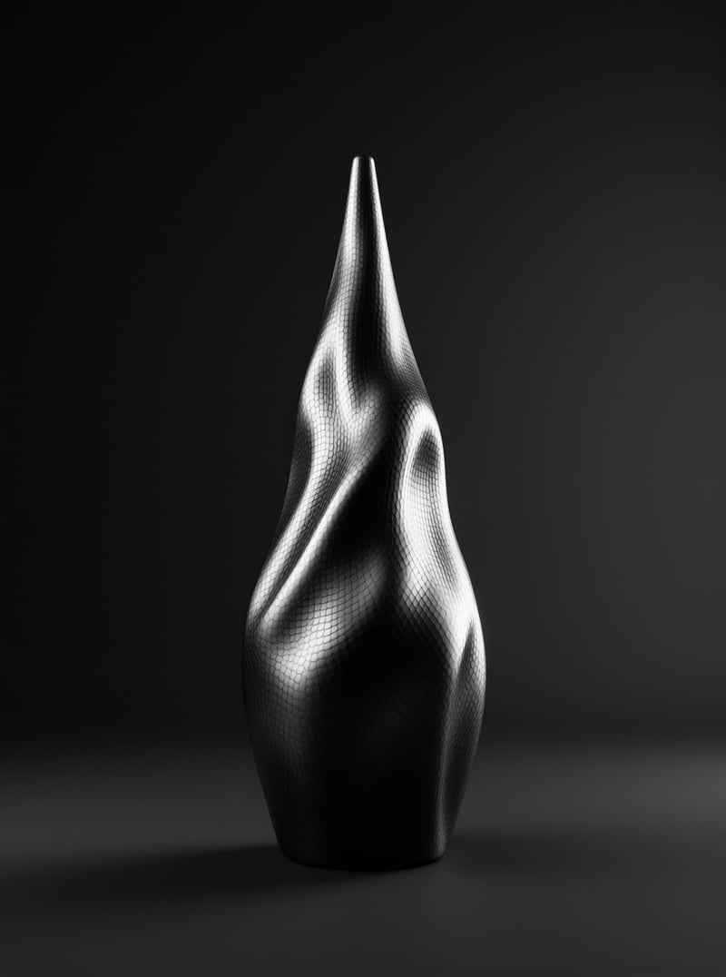 A twisted chrome sculpture with a textured surface stands against a dark gradient background with sharp highlights.