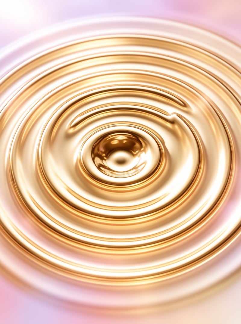 Smooth waves of honey-colored fluid radiate from a central point, creating glossy rings against a soft peach-colored backdrop.