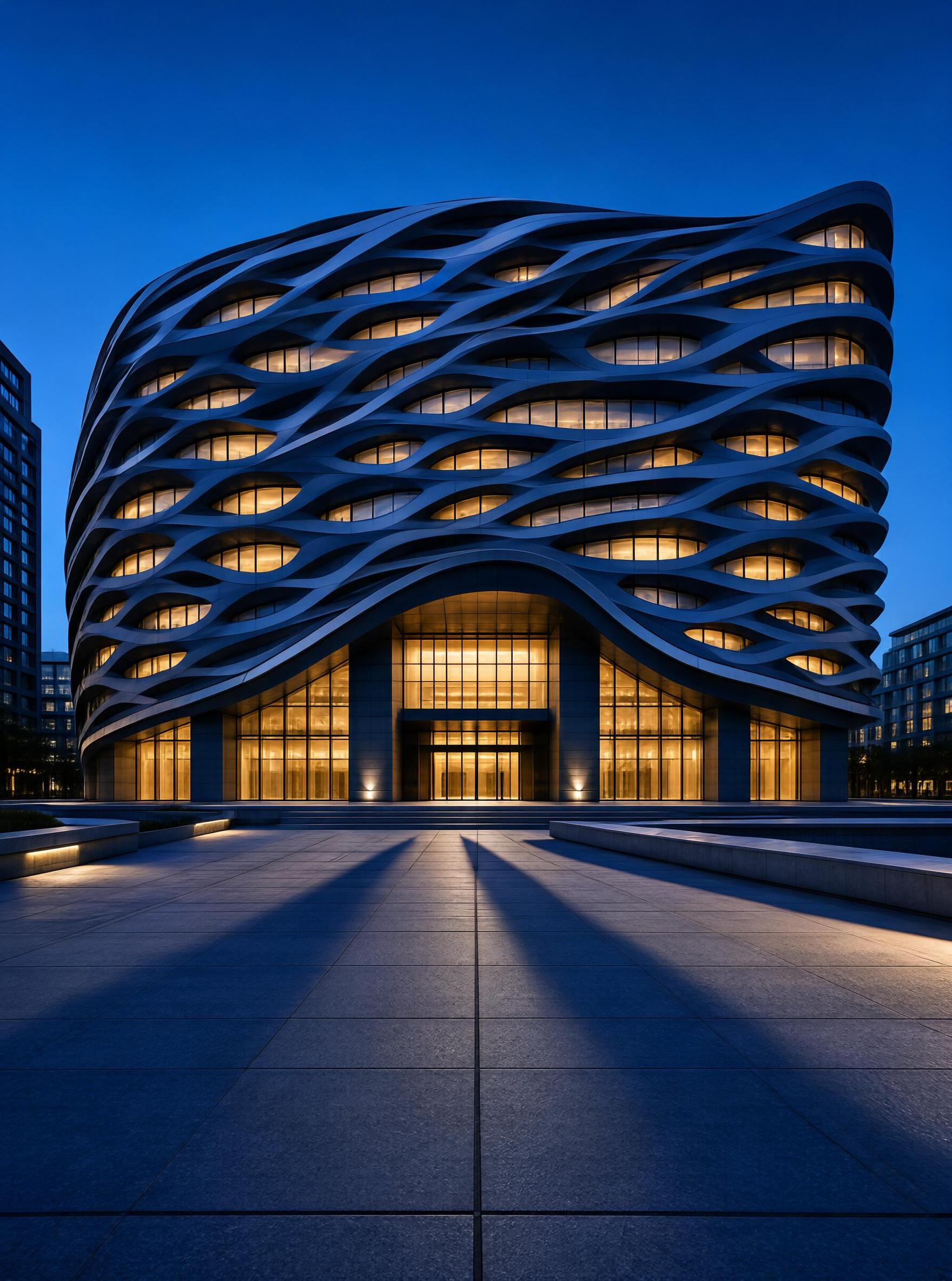 Modern Wave - Shaped Building at Night