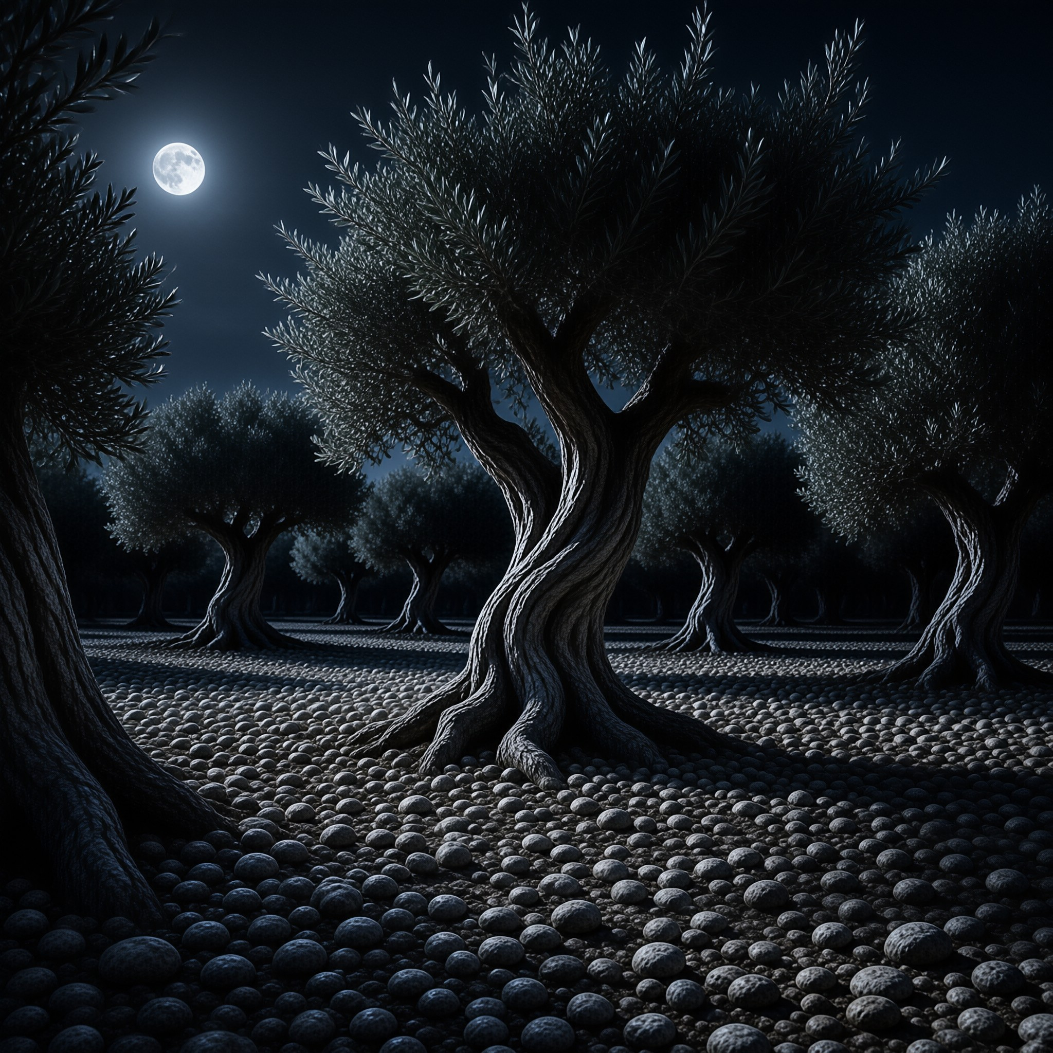 Ancient twisted olive trees stand in rows over a stony orchard floor beneath a bright full moon at night.