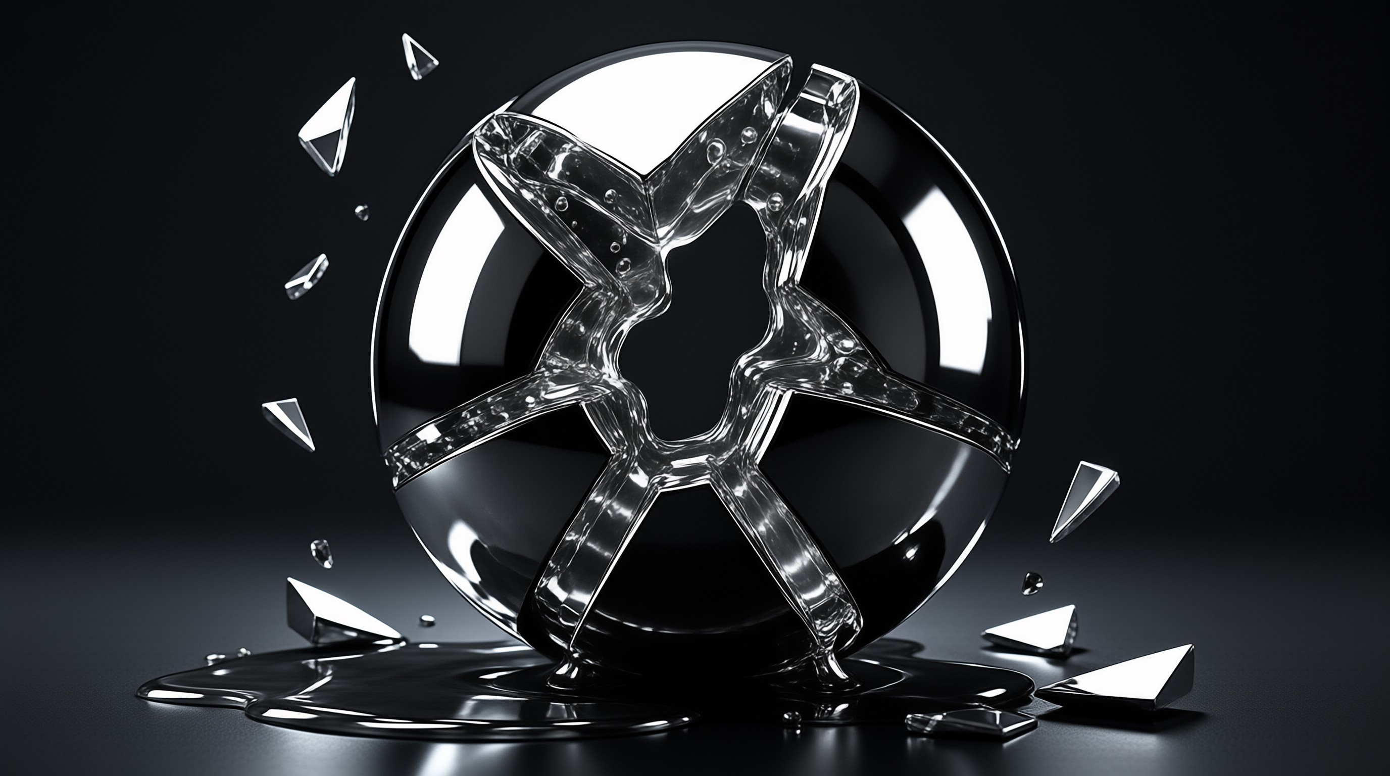 A shiny metal cross emerges from a glossy black sphere with fragmented metallic shards falling around its smooth dark base