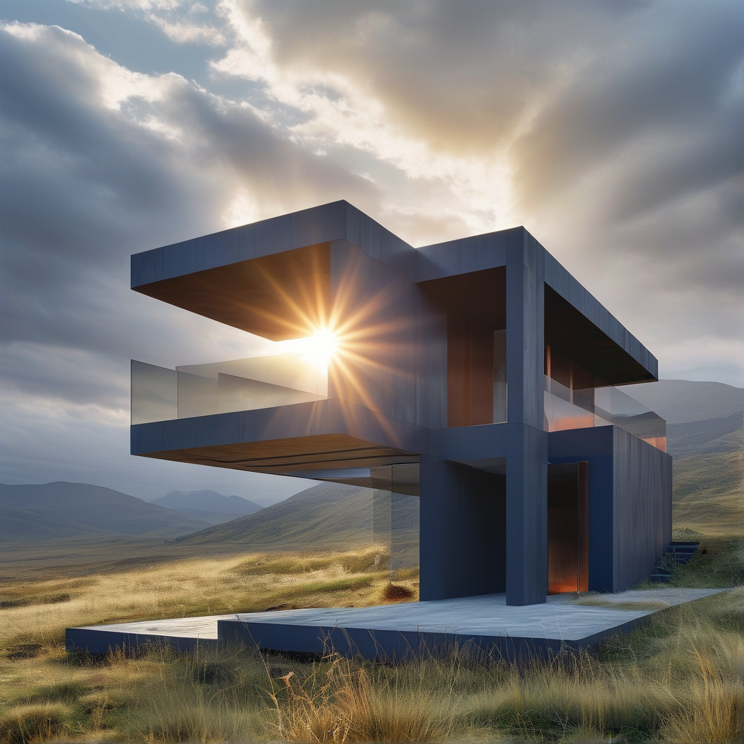 A cantilevered dark blue house in open grassland has sun shining through its balcony, creating bright starburst rays.