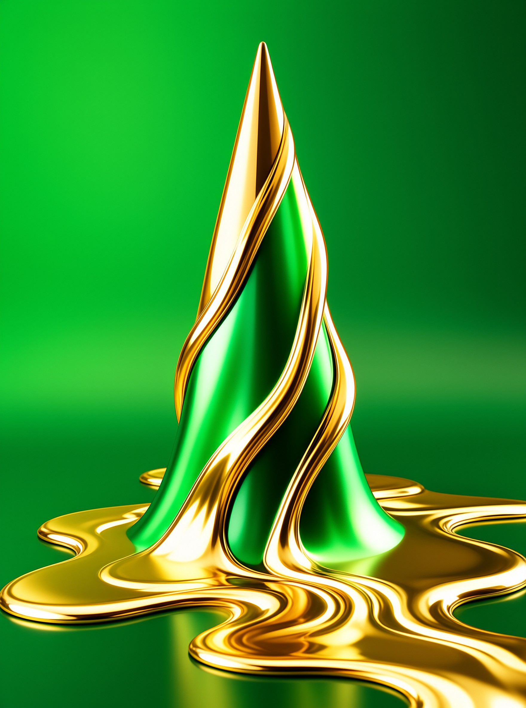 A tall green spire wrapped in twisting golden metal rises from a pool of liquid gold.
