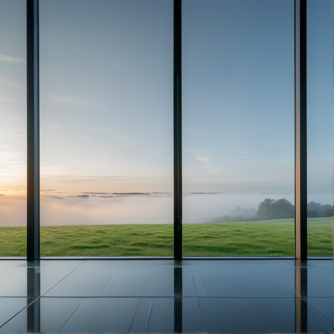Tall black window frames divide a view of a green field and distant foggy hills under a soft sunrise sky.