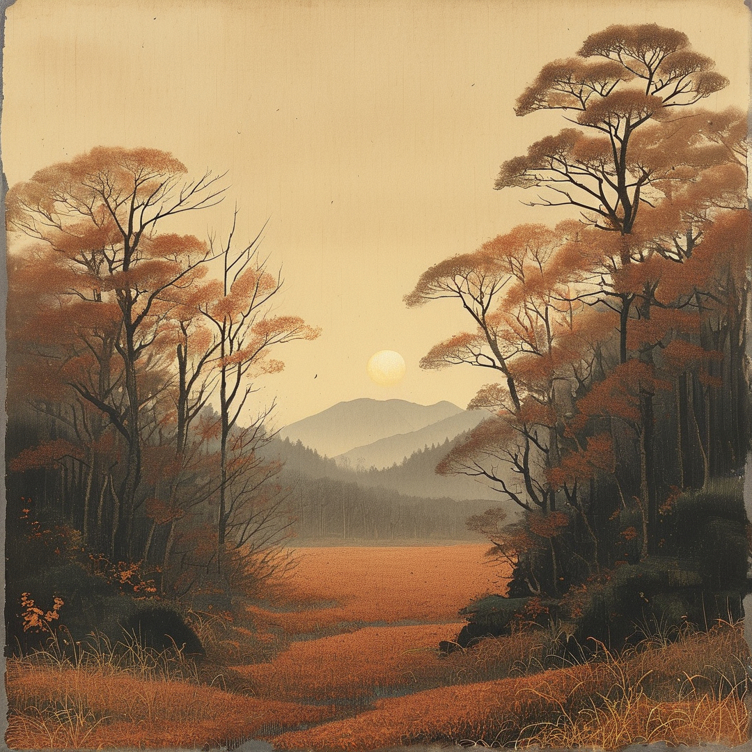 Warm brown trees frame a field leading toward distant mountains and a pale sun.