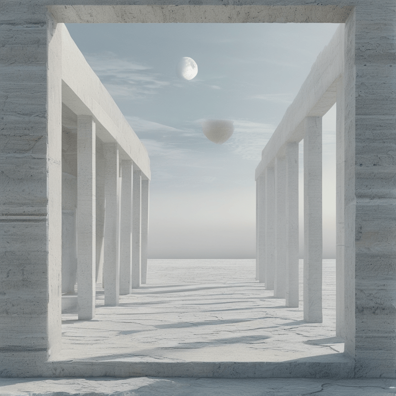 A white colonnade frames a vast salt flat under a hazy sky with two floating spheres above the horizon.