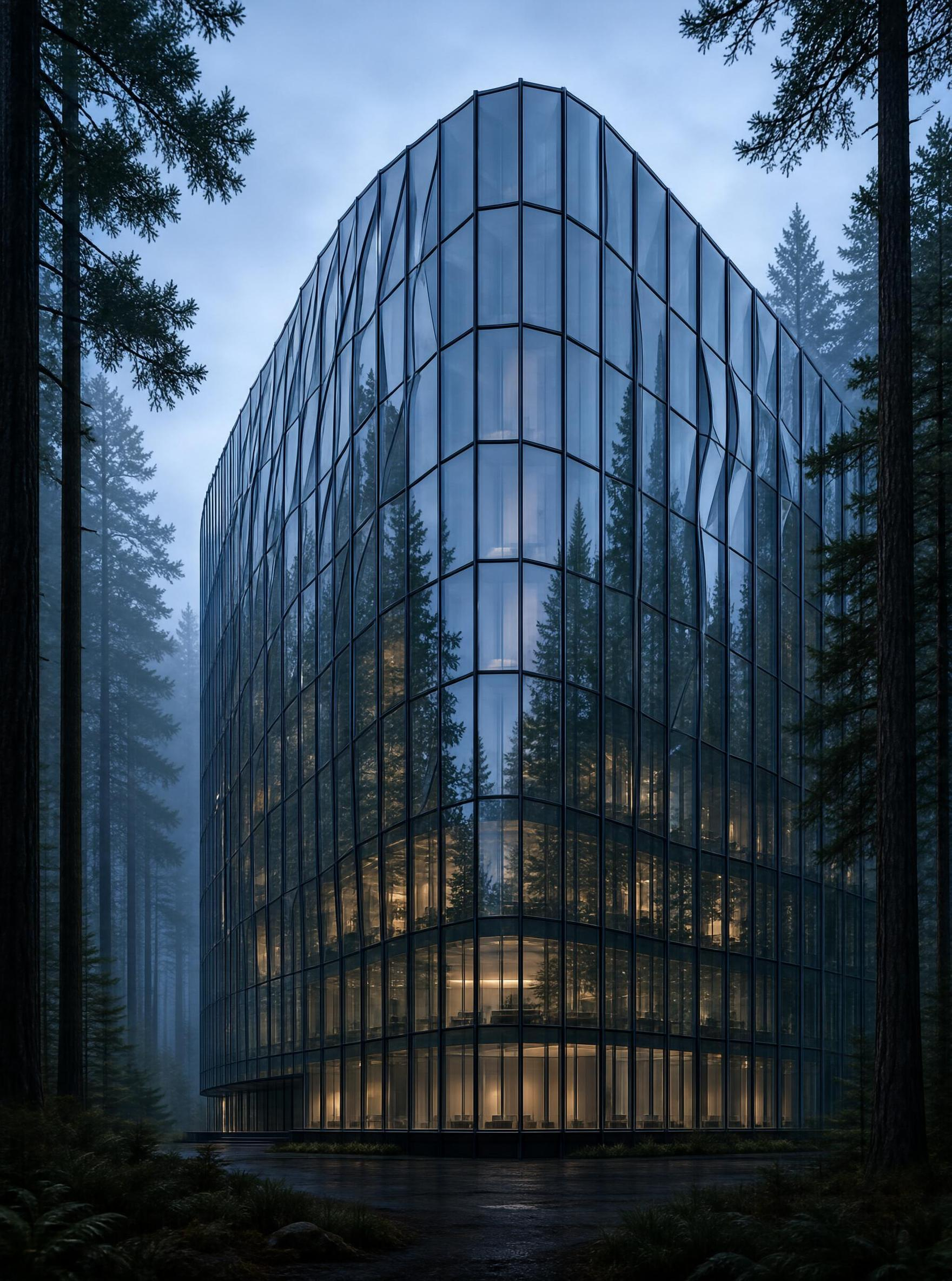 Glass Building in Misty Forest